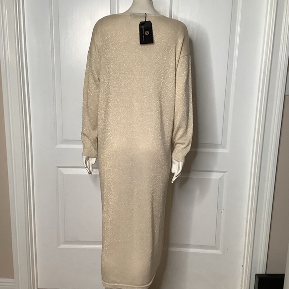 Alchemia Tricot gold shimmer Maxi sweater dress, elegant metallic knit V-neck - Picture 6 of 12